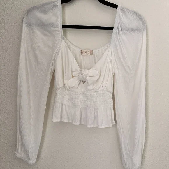 White V Neck Long Sleeves Cropped Top XS - Coquette Boho Essential - Picture 3 of 10